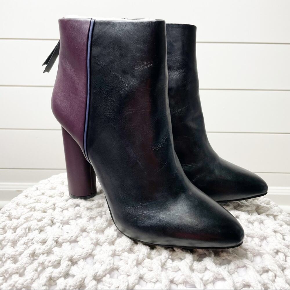 CAbi Bisset Color Block Pointed Toe Leather Booties Black Vino Size 10 - Picture 3 of 9